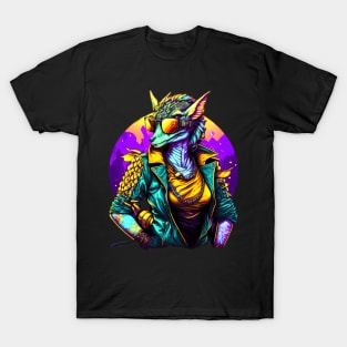 Retro Dragon Art| Cute Female Dragon in Jacket wearing Sun glasses T-Shirt